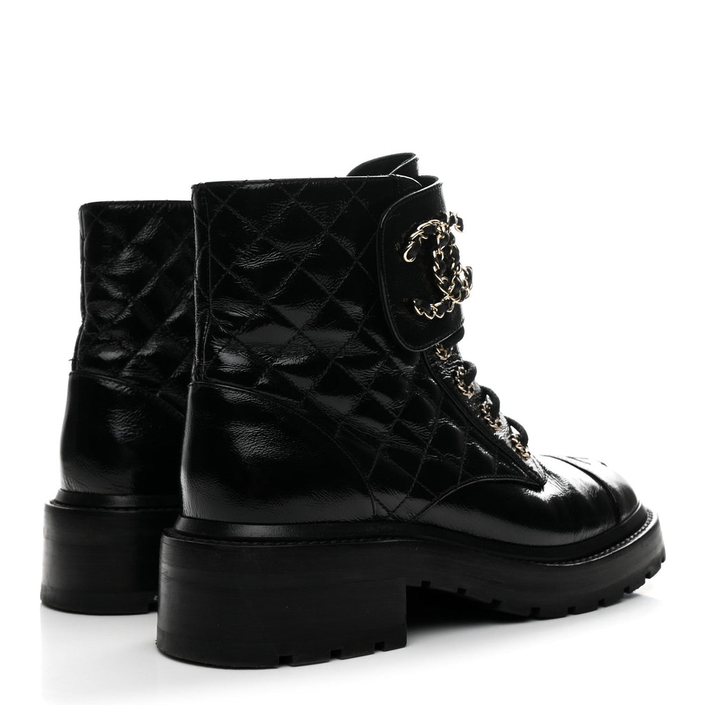 Chanel Shiny Calfskin Quilted Lace Up Combat Boots 36 Black