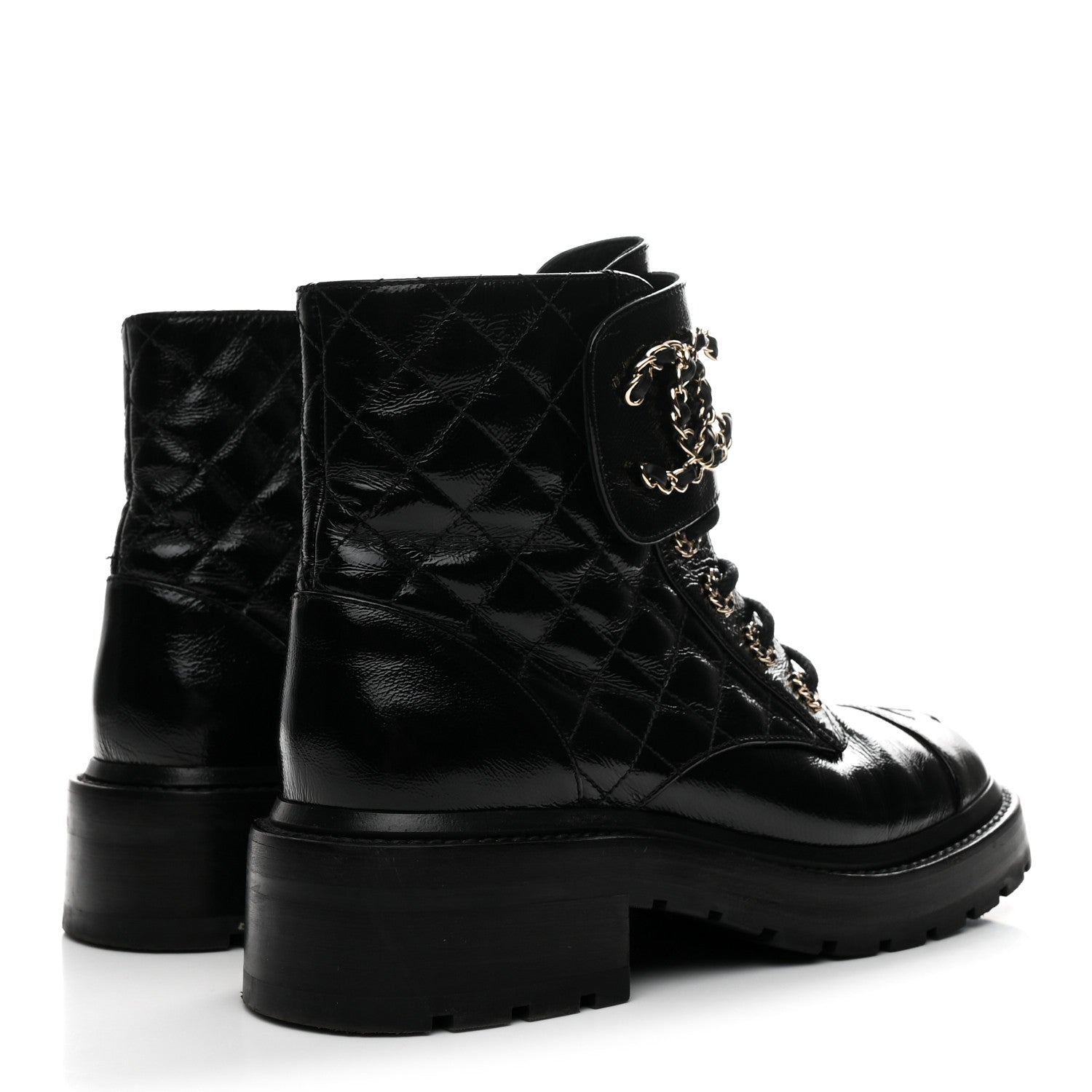 Chanel Shiny Calfskin Quilted Lace Up Combat Boots 36 Black
