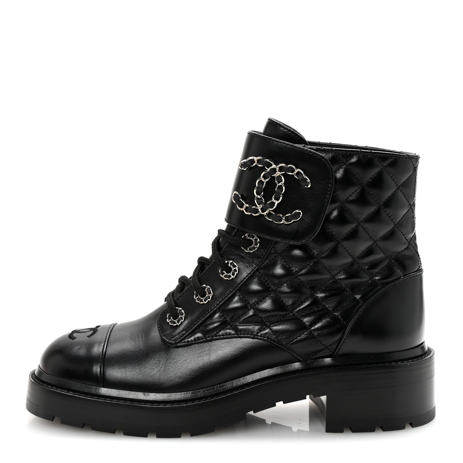 Chanel Shiny Lambskin Quilted Lace Up Combat Boots 39 Black