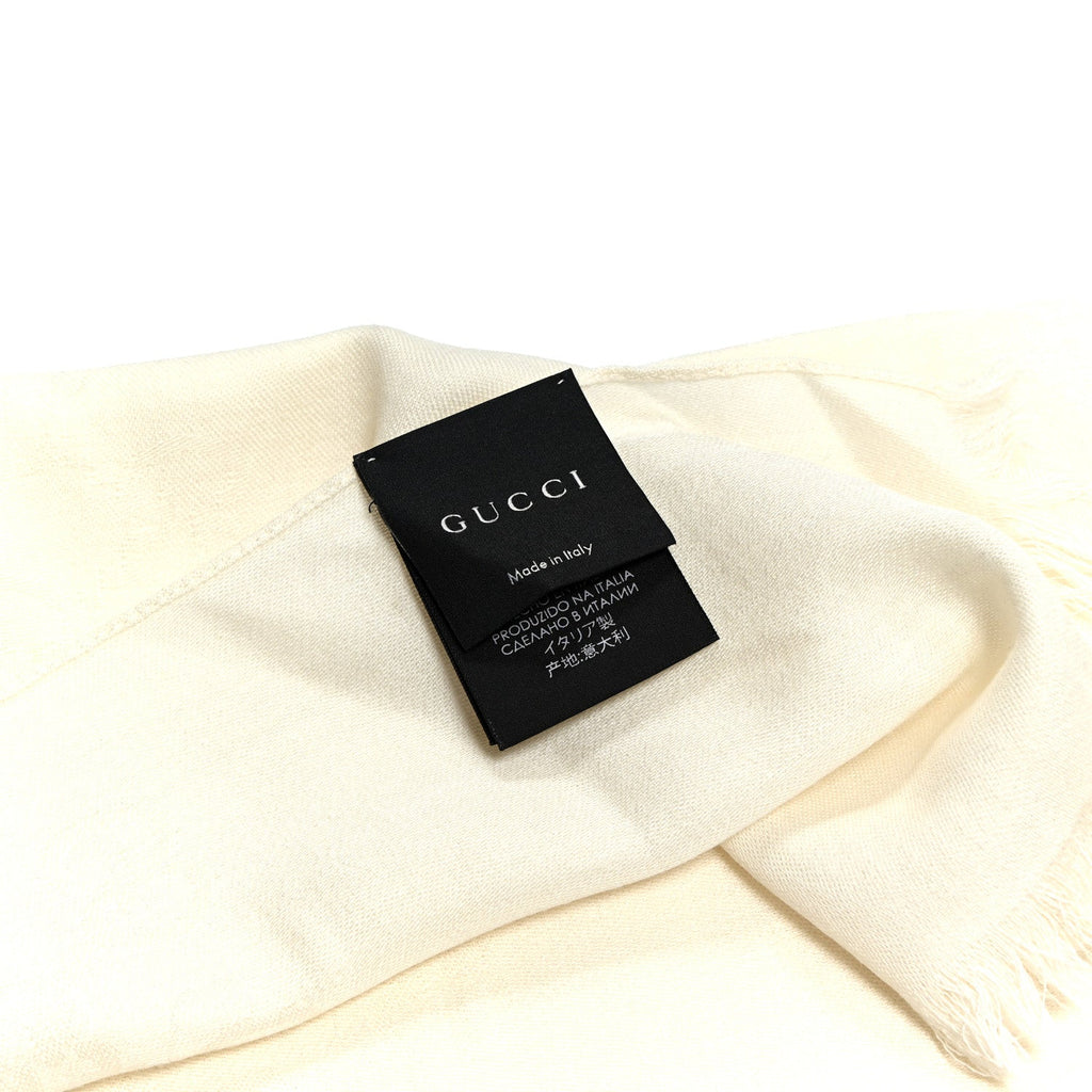 Gucci Wool Silk GG Monogram GGNat Fringe Scarf White