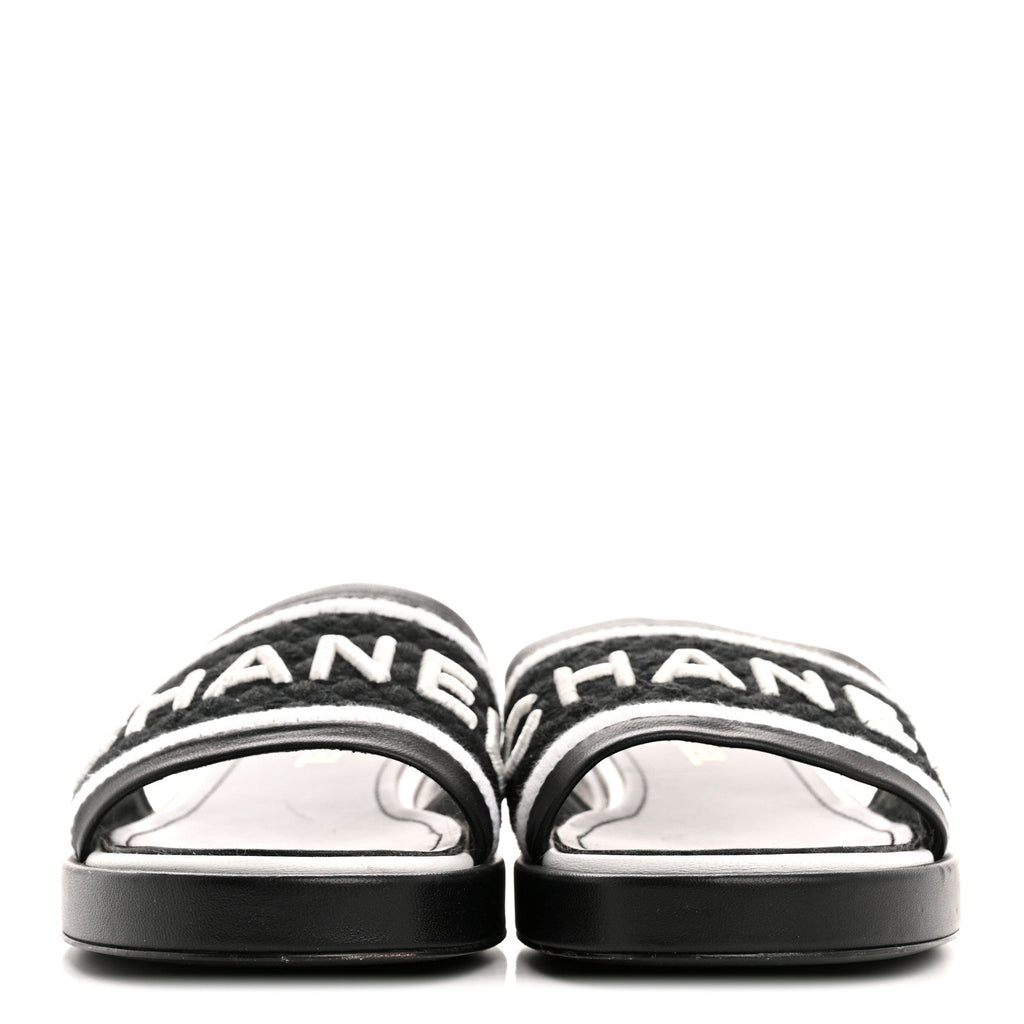 Lambskin Embroidered CC Mule Sandal 40 Black White