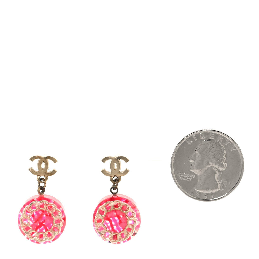 Resin Chain Tweed CC Drop Earrings Pink Gold