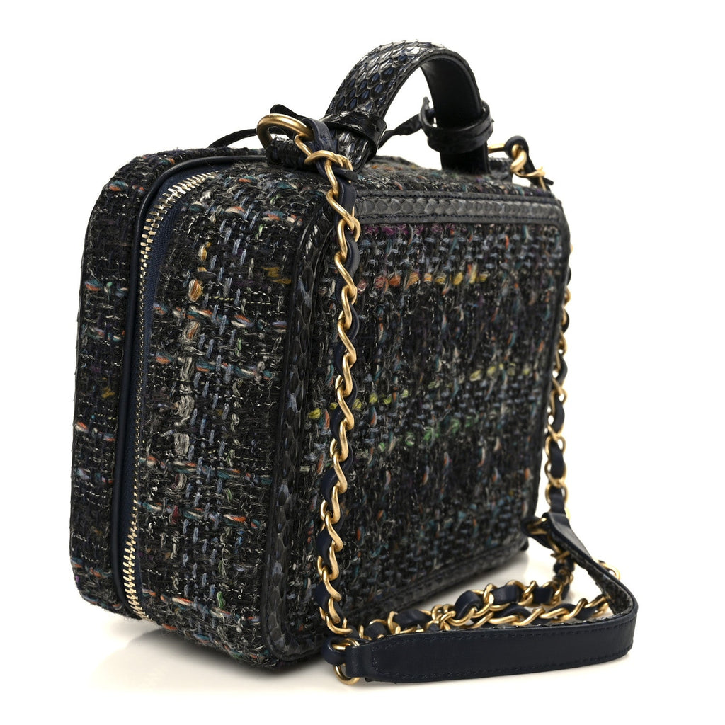 Chanel Tweed Snakeskin Quilted Medium CC Filigree Vanity Case Dark Navy