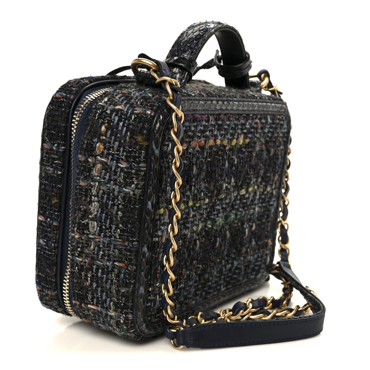 Chanel Tweed Snakeskin Quilted Medium CC Filigree Vanity Case Dark Navy