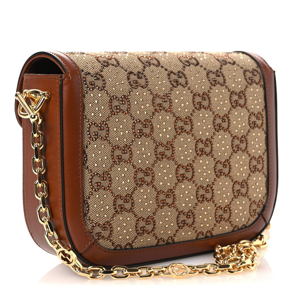 Gucci New Canvas Charisma Calfskin Crystal GG Monogram Mini Horsebit 1955 Shoulder Bag Camel Ebony