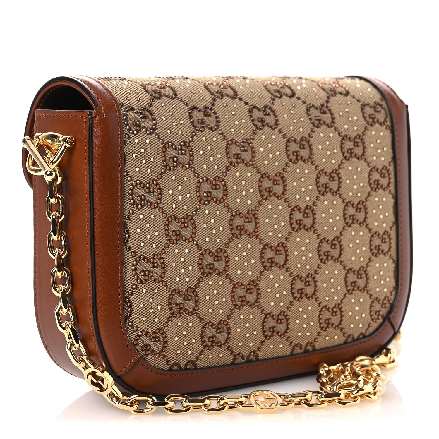 Gucci New Canvas Charisma Calfskin Crystal GG Monogram Mini Horsebit 1955 Shoulder Bag Camel Ebony