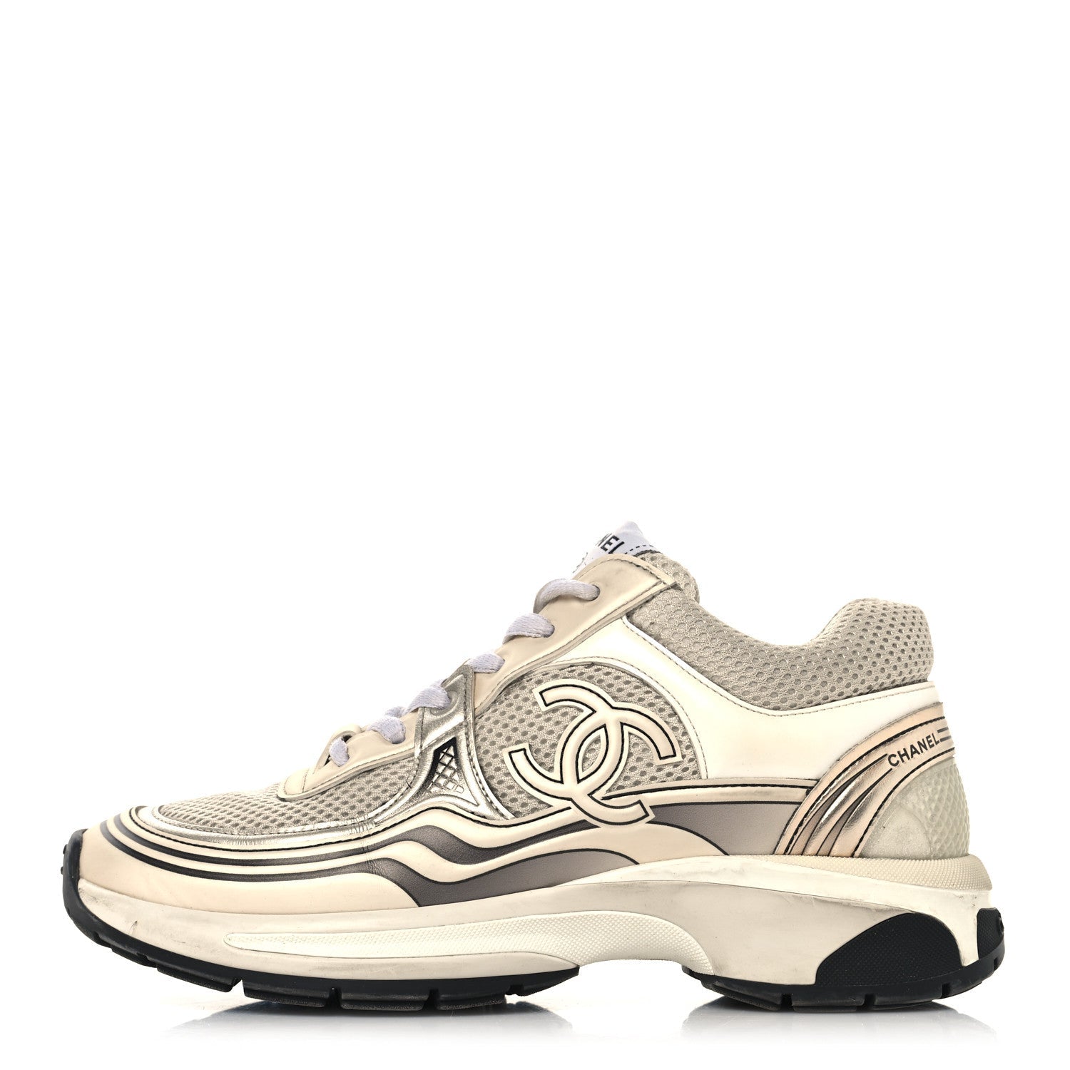 Fabric Laminated Calfskin Stretch CC Womens Sneakers 37 Ivory White Silver