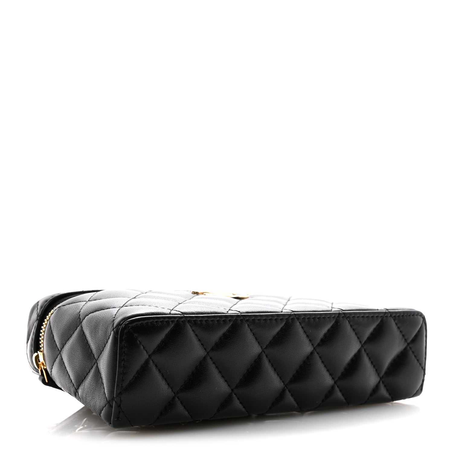 Lambskin Quilted Crystal Ridged CC Top Handle Slim Vanity Case With Chain Black