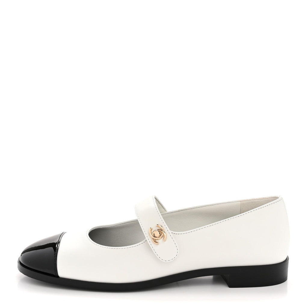 Calfskin Patent Mary Janes Flats 39.5 White Black