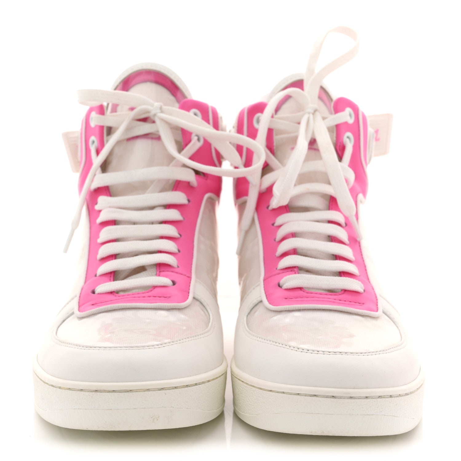Louis Vuitton Calfskin Nylon Mesh Monogram Womens Boombox High Top Sneakers 39 White Pink
