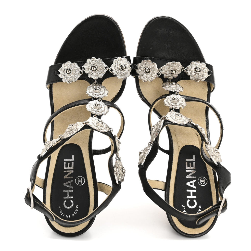 Lambskin Cork Camellia Wedge Sandals 37.5 Black