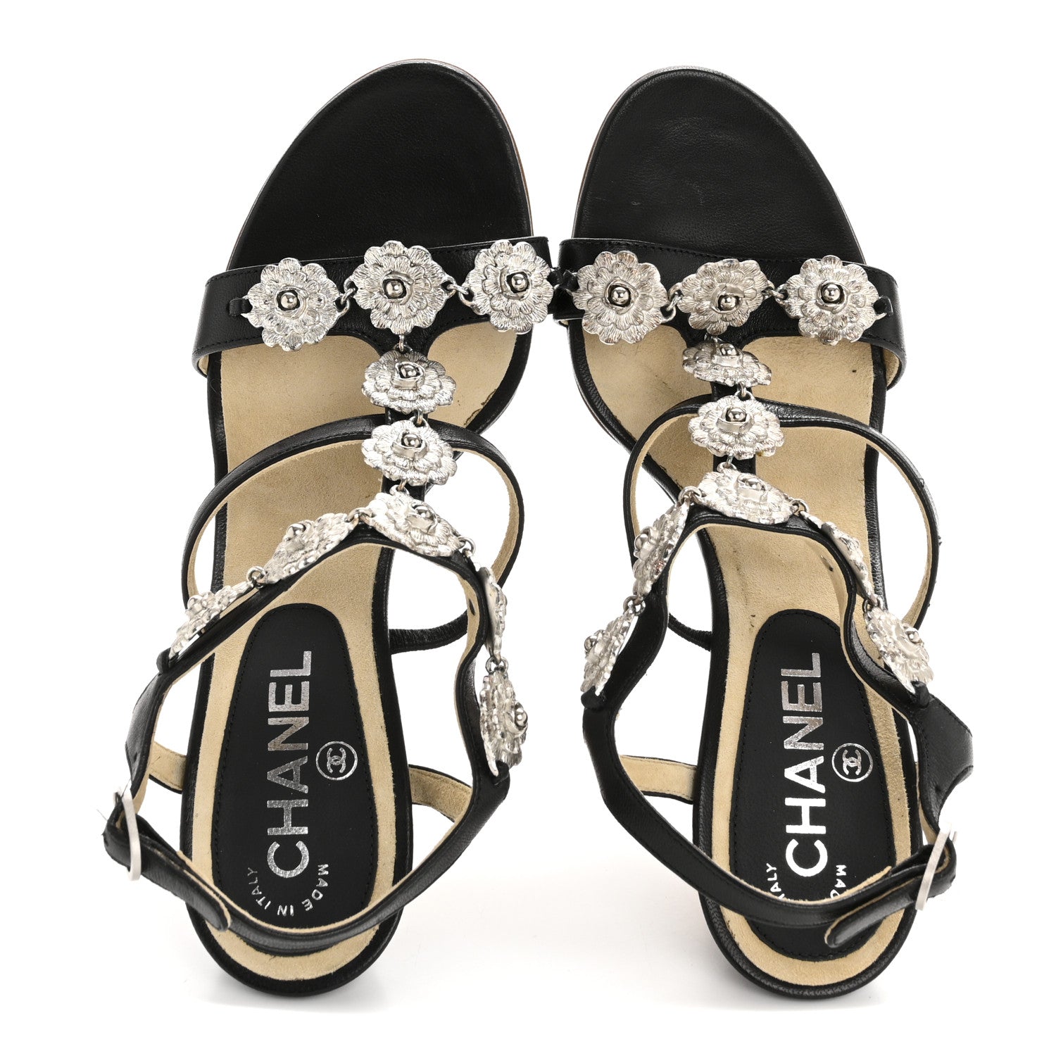 Lambskin Cork Camellia Wedge Sandals 37.5 Black