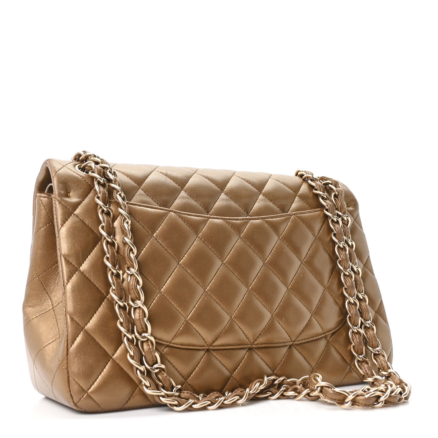 Chanel Metallic Lambskin Quilted Jumbo Double Flap Khaki