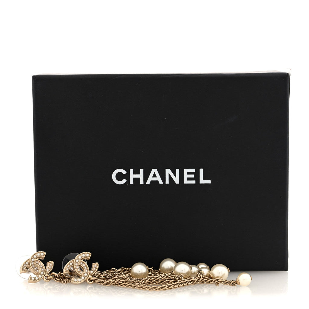 Chain Pearl CC Drop Earrings Light Gold