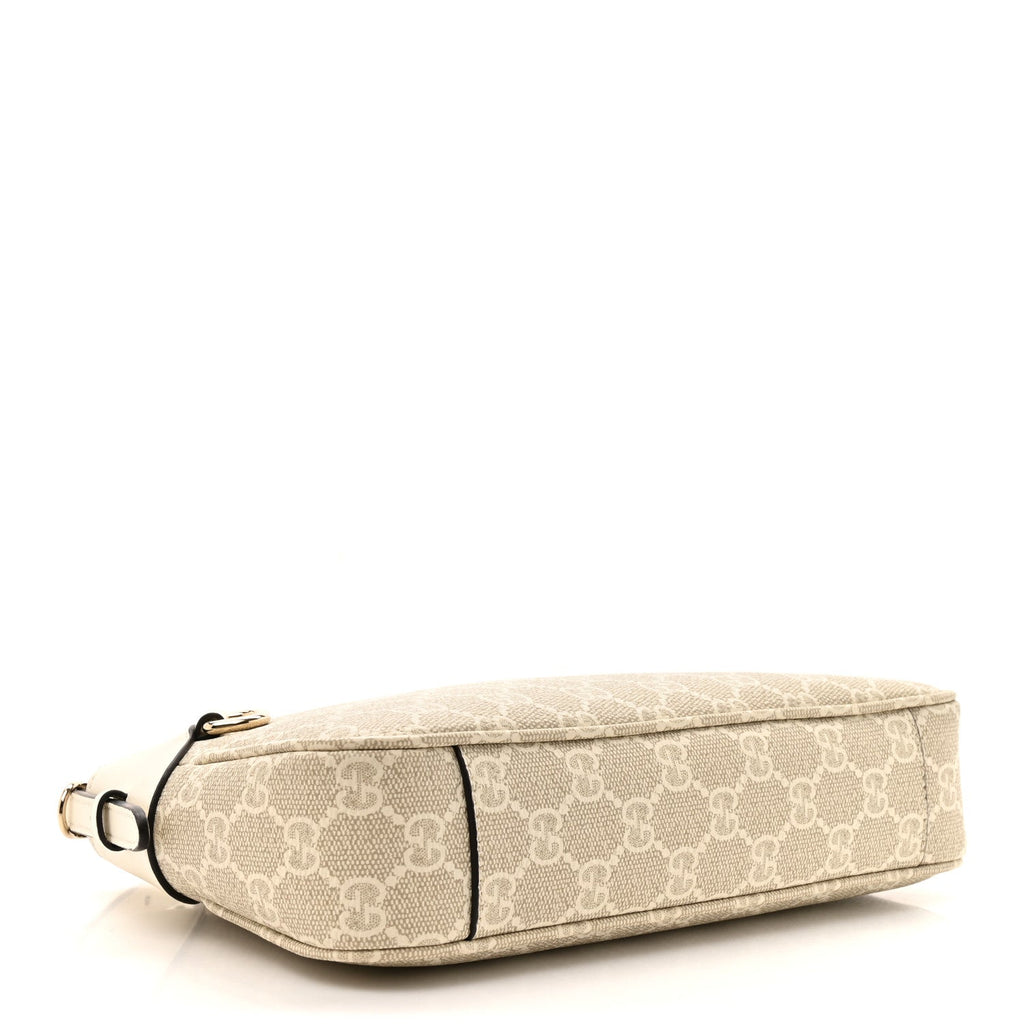 Gucci GG Supreme Monogram Textured Calfskin Small Emblem Shoulder Bag Beige Mystic White