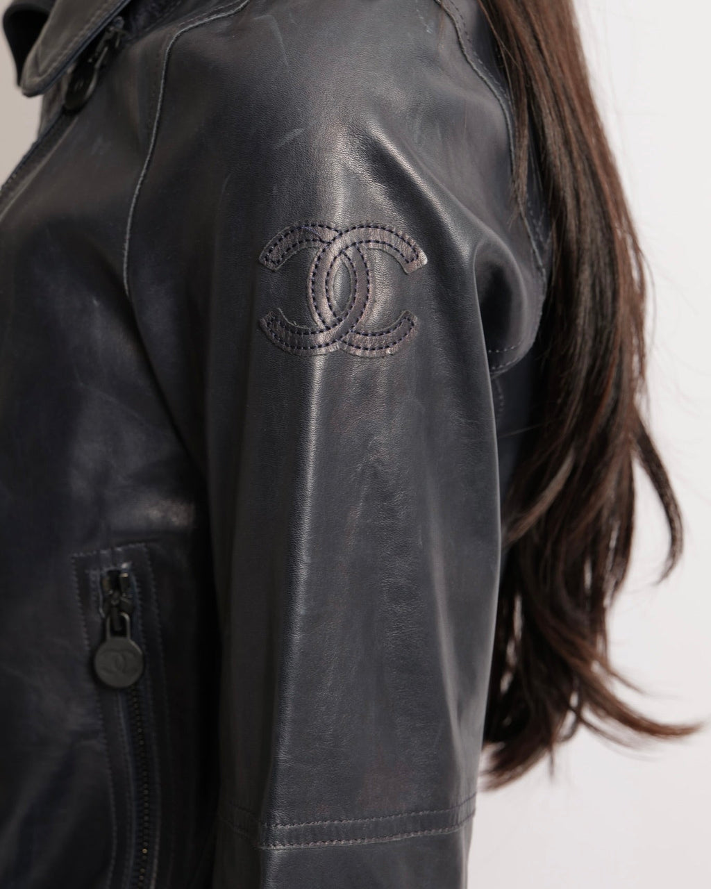 Chanel 12P Navy Calfskin Leather Jacket with Quilted Details and Black CC Logo Buttons Size FR 34 (UK 6)