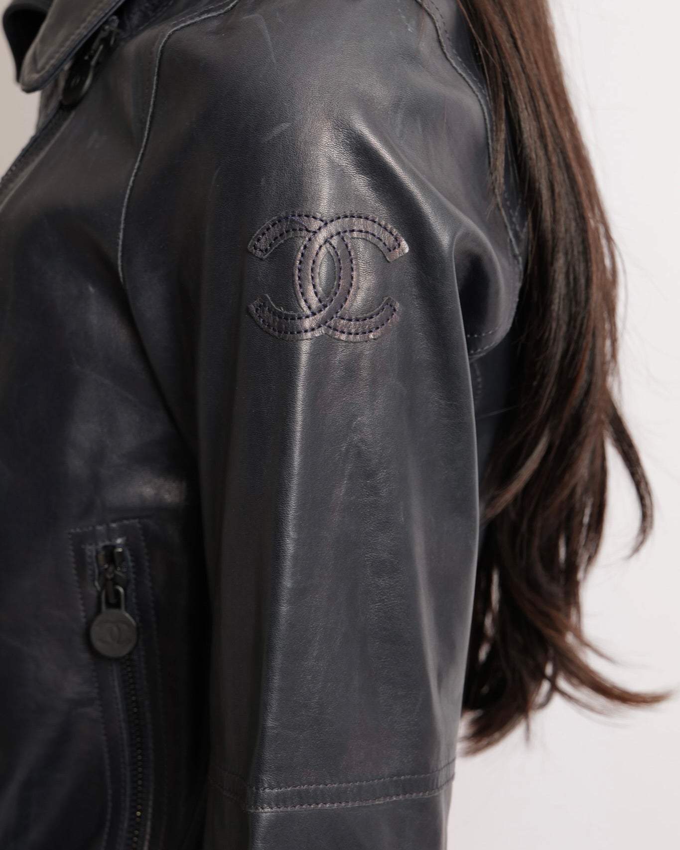 Chanel 12P Navy Calfskin Leather Jacket with Quilted Details and Black CC Logo Buttons Size FR 34 (UK 6)