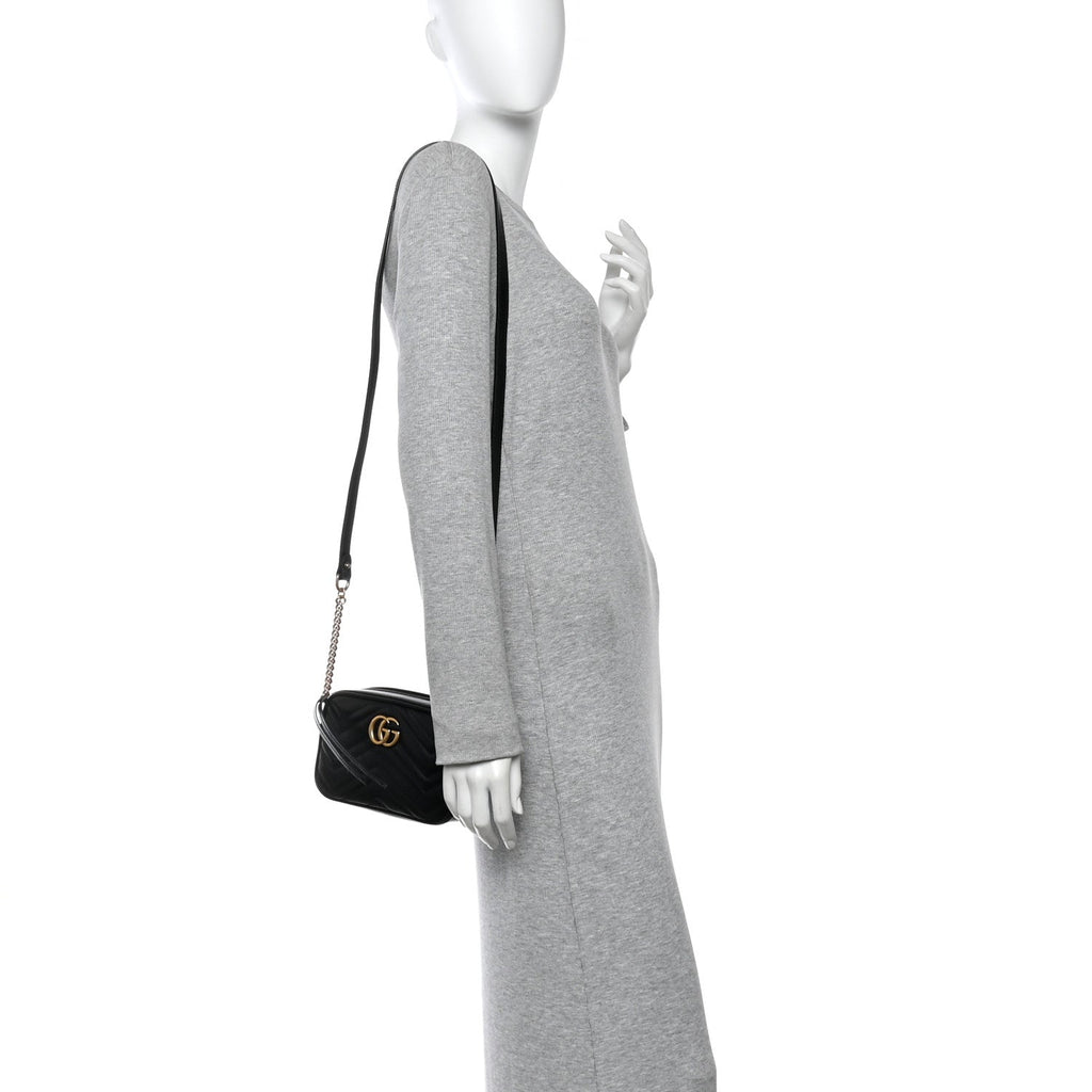 Gucci Calfskin Matelasse Mini GG Marmont Chain Shoulder Bag Black