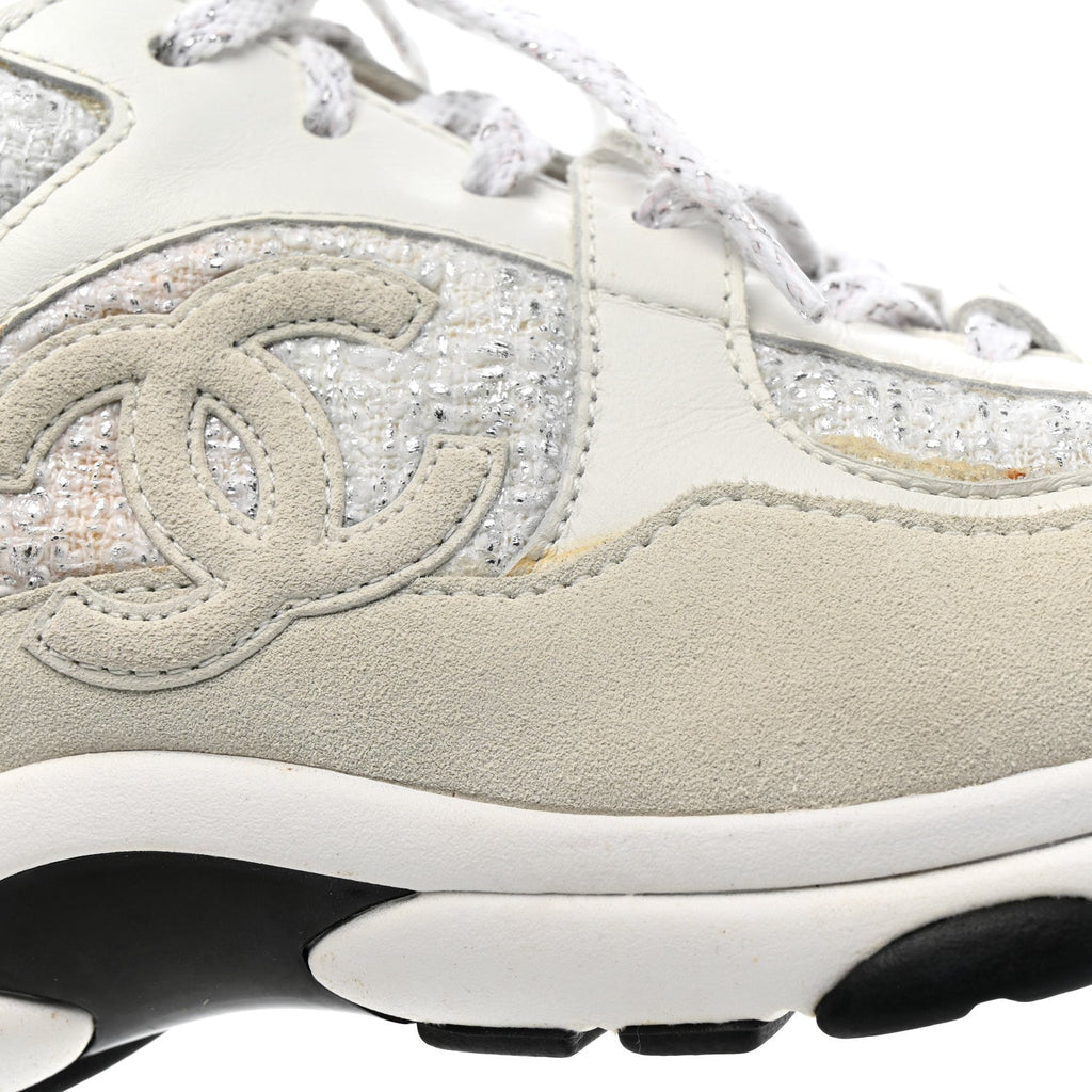 Painted Iridescent Cotton Tweed Suede Womens CC Sneakers 39 White Silver Multicolor
