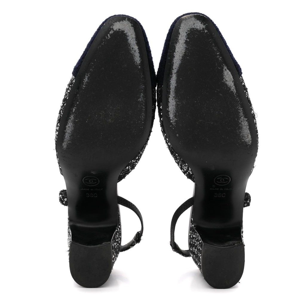 Chanel Tweed Sequin Cap Toe CC Slingback Pumps 38 Black White Silver