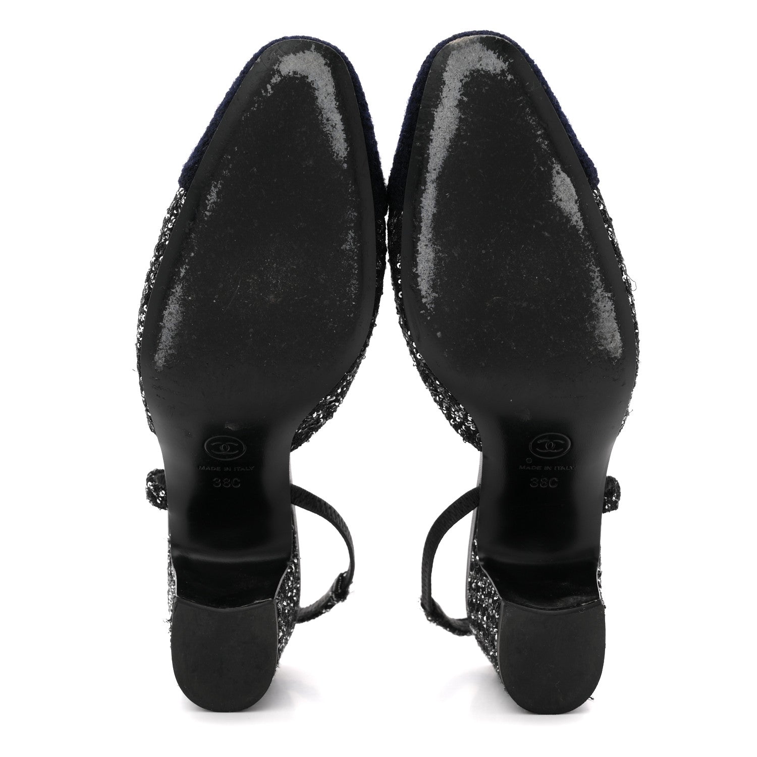Chanel Tweed Sequin Cap Toe CC Slingback Pumps 38 Black White Silver