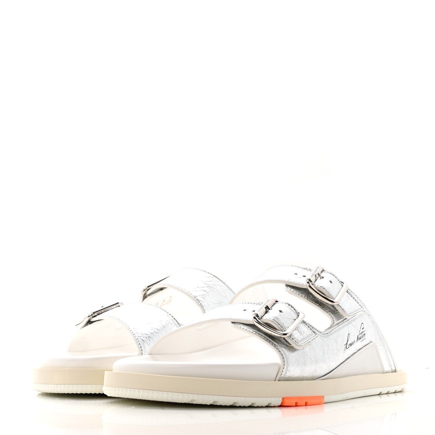 Louis Vuitton Metallic Mix Materials Mens LV Script Trainer Mules 11 Silver Multicolor