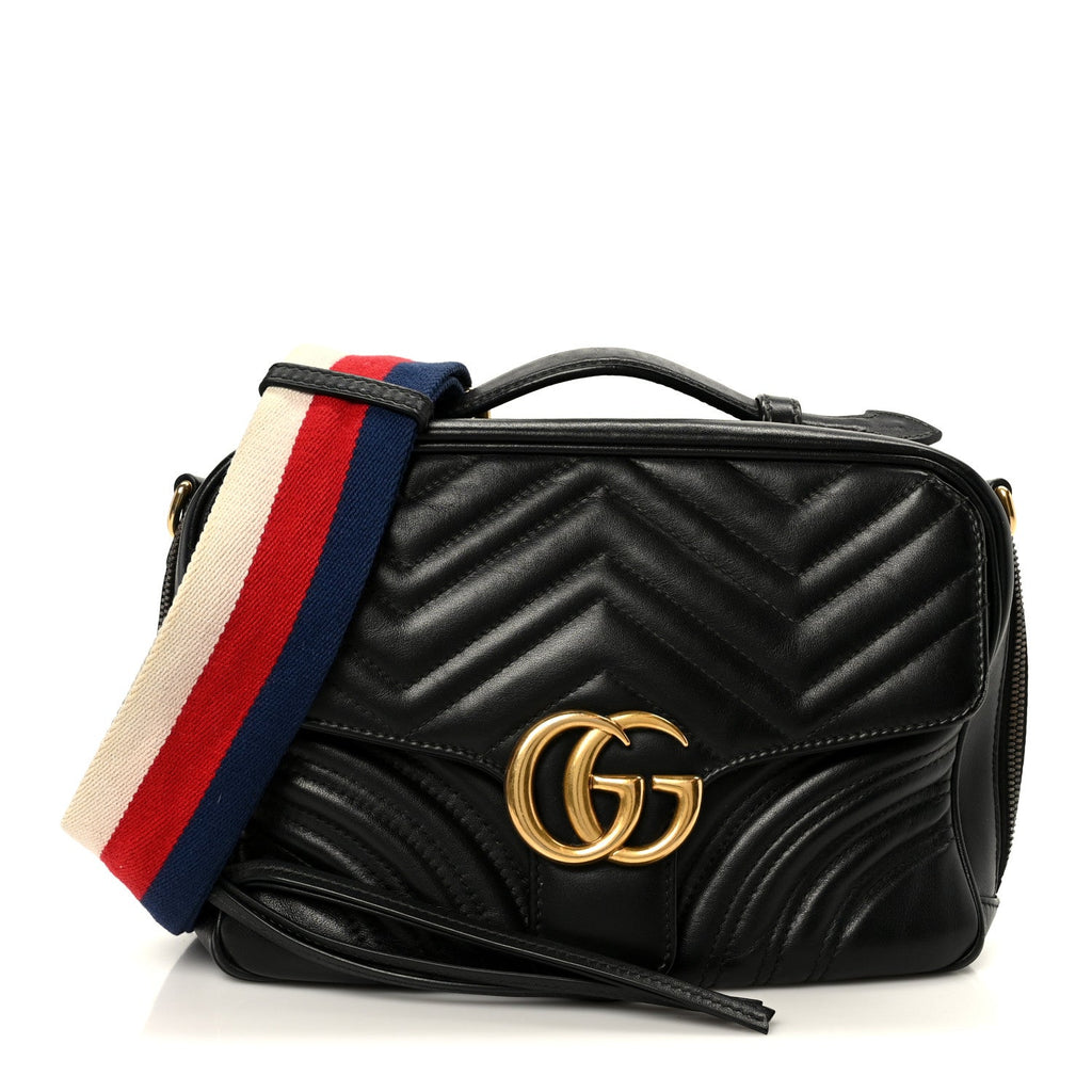 Gucci Calfskin Matelasse Sylvie Web Small GG Marmont Top Handle Shoulder Bag Black
