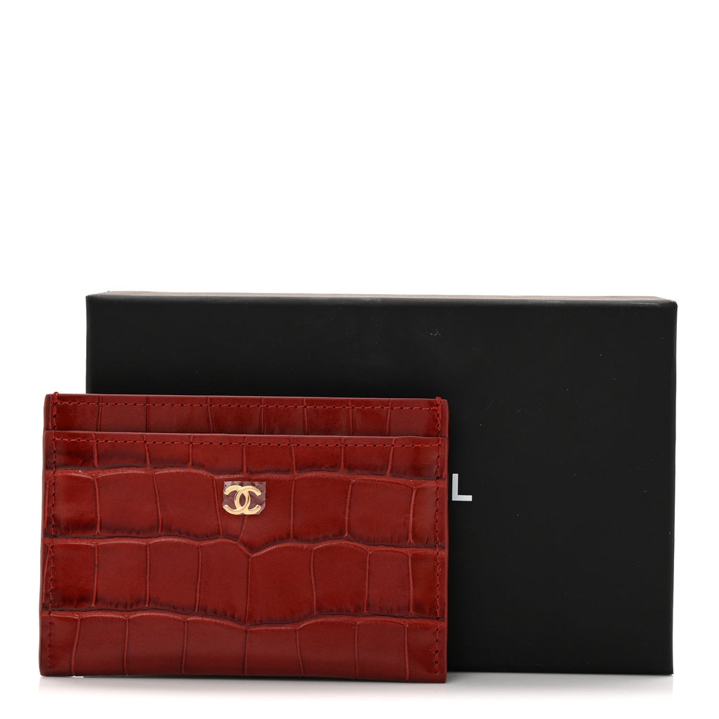 Calfskin Crocodile Embossed Crococo Card Holder Burgundy