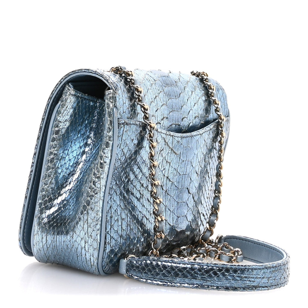 Chanel Metallic Snakeskin CC Flap Bag Blue