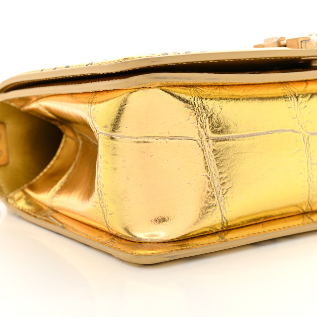 Chanel Metallic Calfskin Crocodile Embossed Graffiti Medium Cocodile Boy Flap Gold