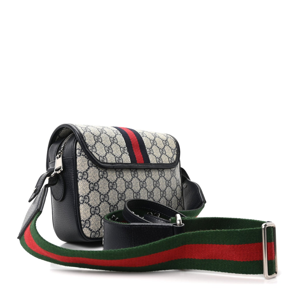 Gucci GG Supreme Monogram Textured Dollar Calfskin Web Studded Mini Ophidia Flap Shoulder Bag Beige Blue