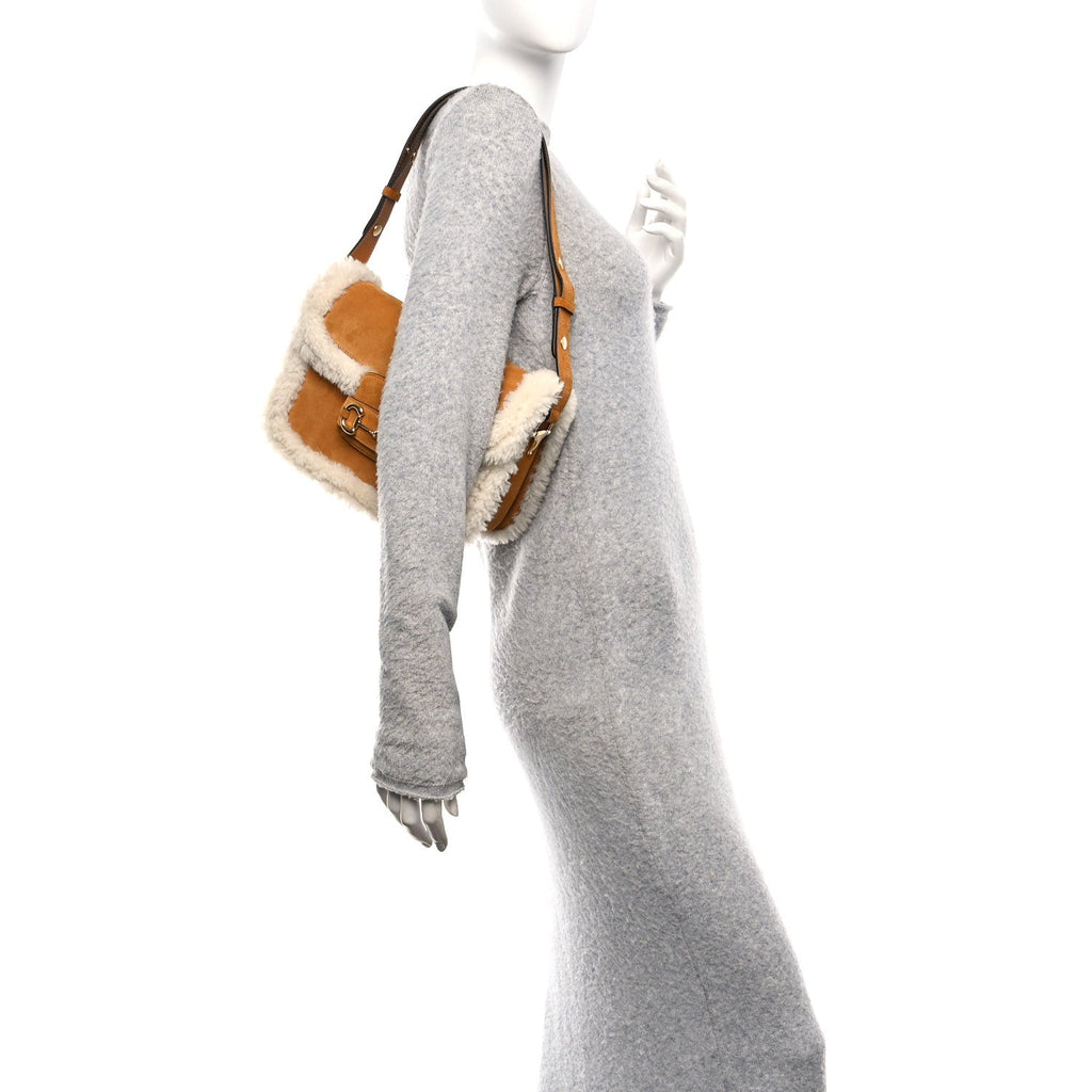 Gucci Suede Shearling Horsebit 1955 Shoulder Bag Honey Beige Milk