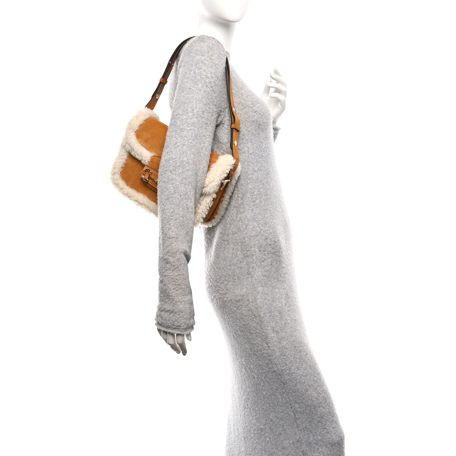 Gucci Suede Shearling Horsebit 1955 Shoulder Bag Honey Beige Milk