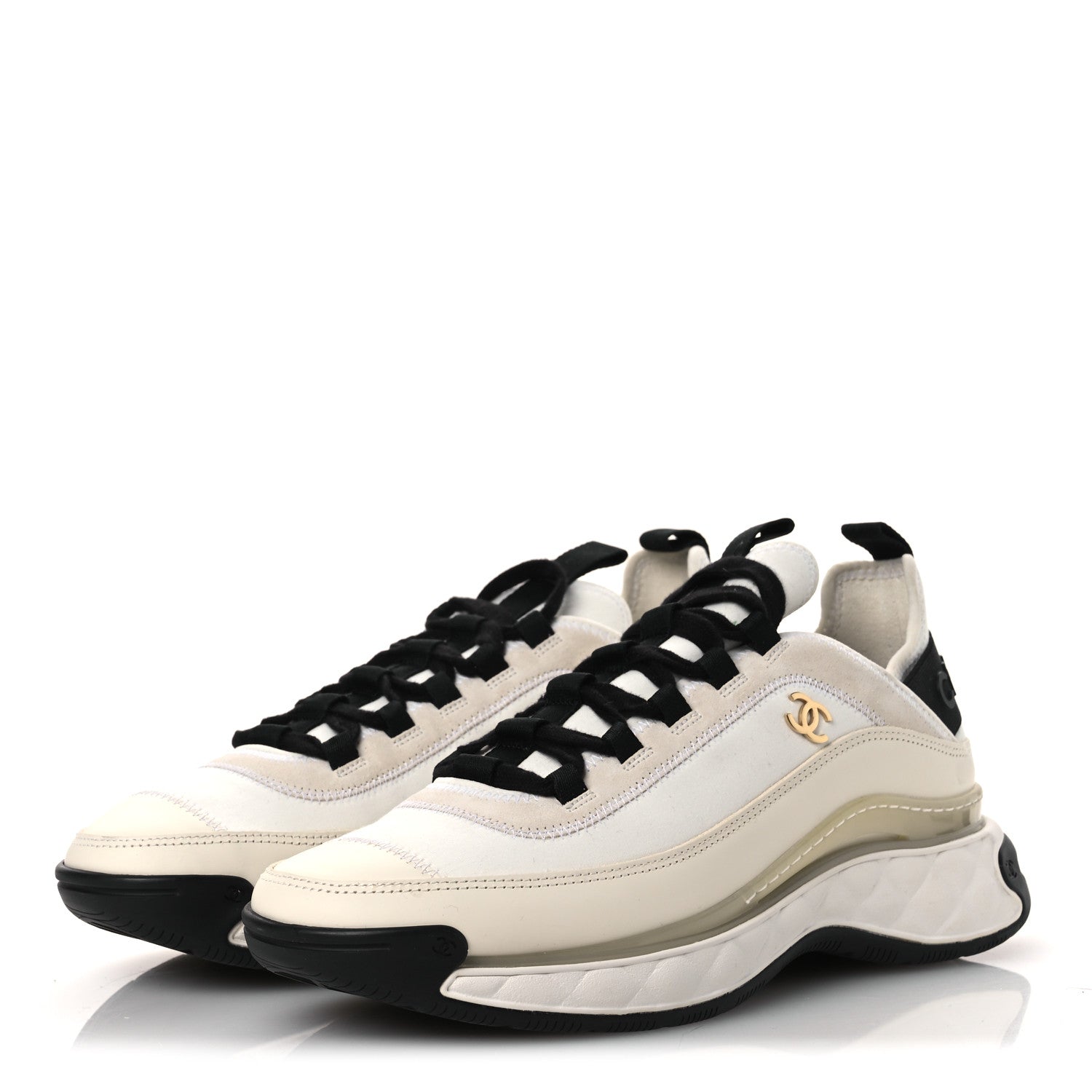 Chanel Velvet Calfskin Mixed Fibers CC Sneakers 40.5 Ivory Black