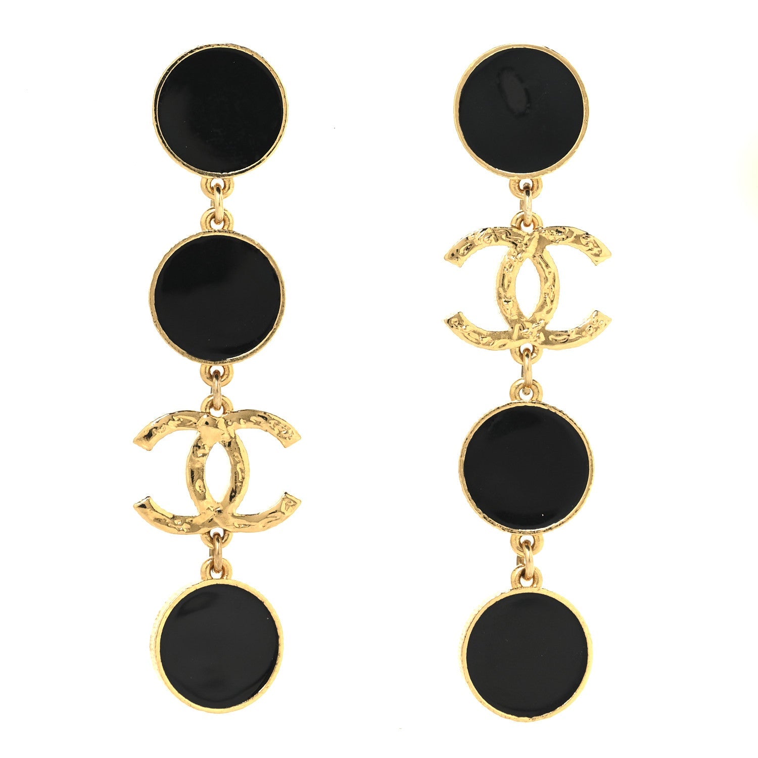 Metal Resin Disc CC Long Drop Earrings Gold Black