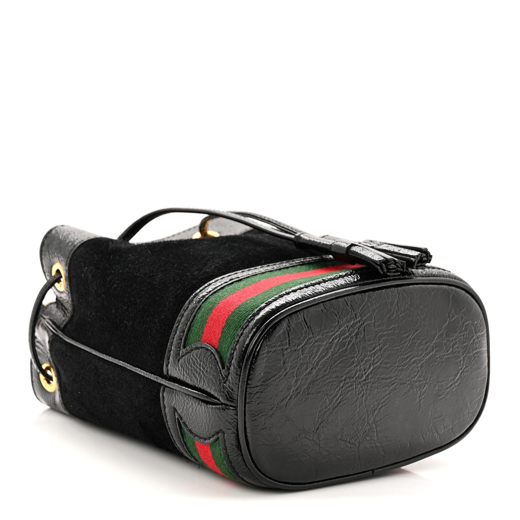 Gucci Suede Patent Web Mini Ophidia Bucket Bag Black