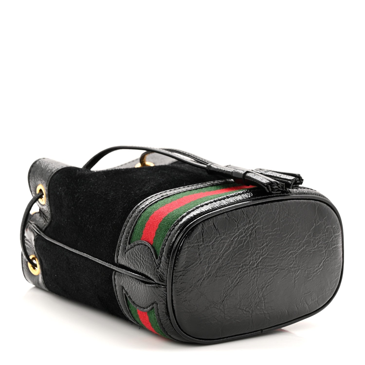 Gucci Suede Patent Web Mini Ophidia Bucket Bag Black