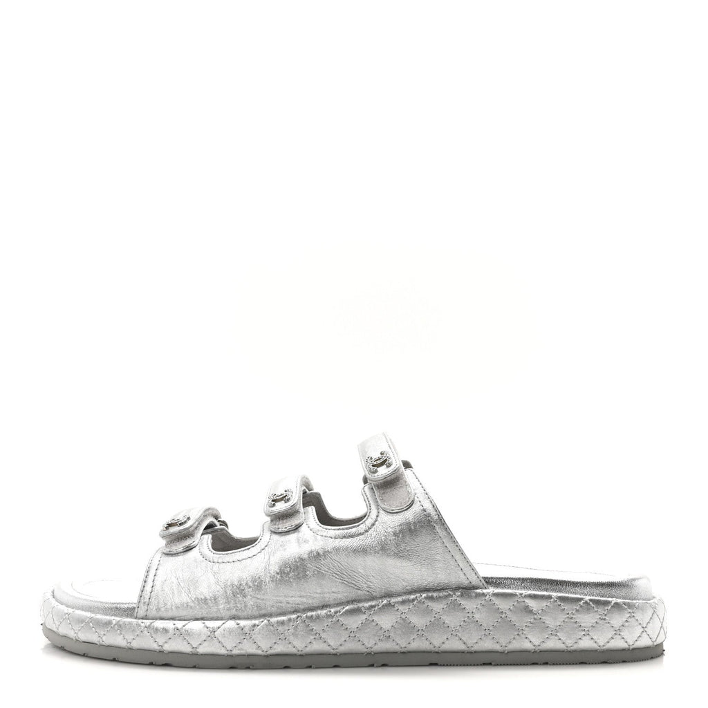Laminated Lambskin Quilted Velcro Crystal CC Dad Slide Sandals 40 Silver