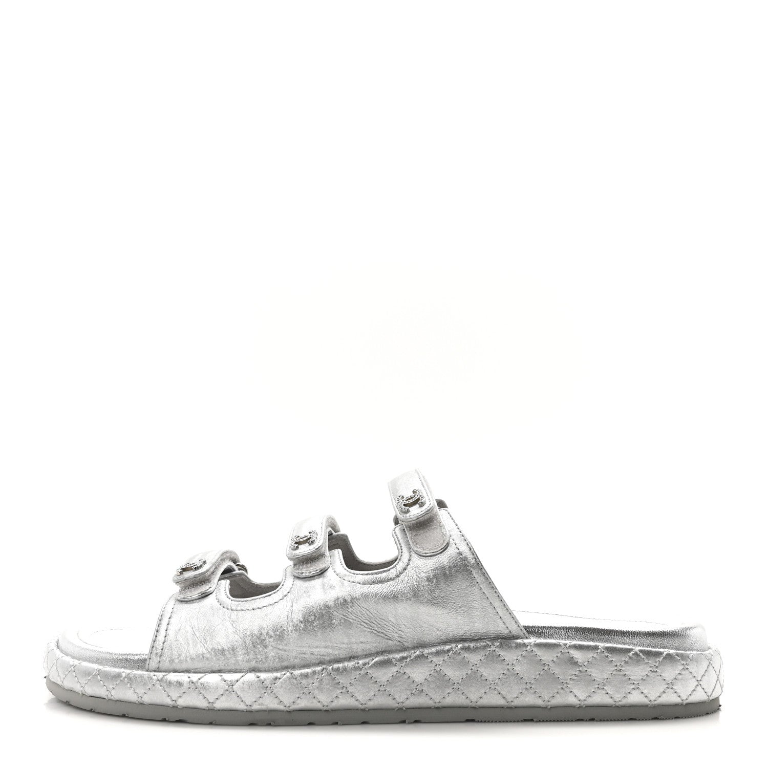 Laminated Lambskin Quilted Velcro Crystal CC Dad Slide Sandals 40 Silver