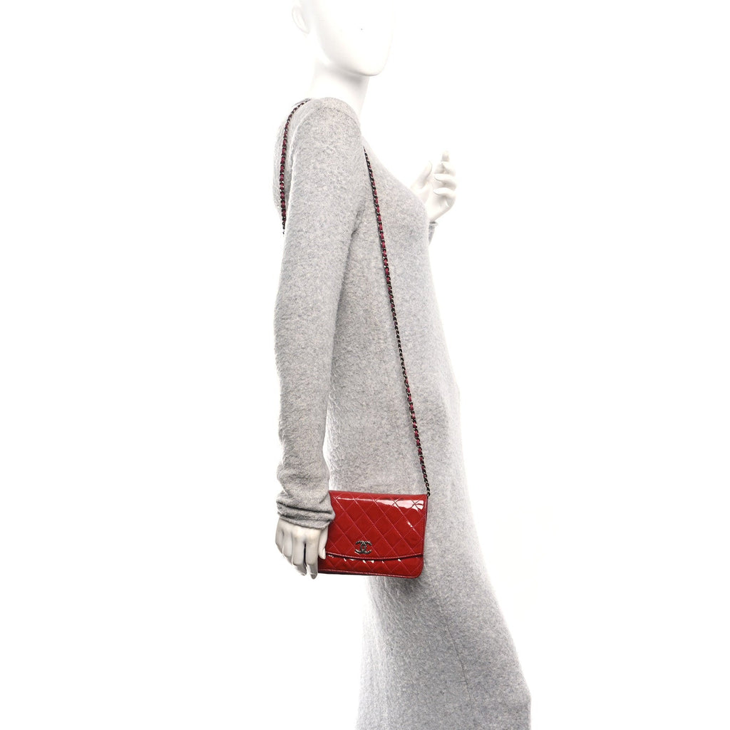 Chanel Patent Quilted Brilliant Wallet On Chain WOC Coral