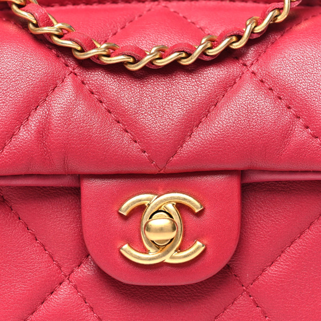 Chanel Calfskin Quilted Lady Handle Flap Card Holder With Chain Dark Pink