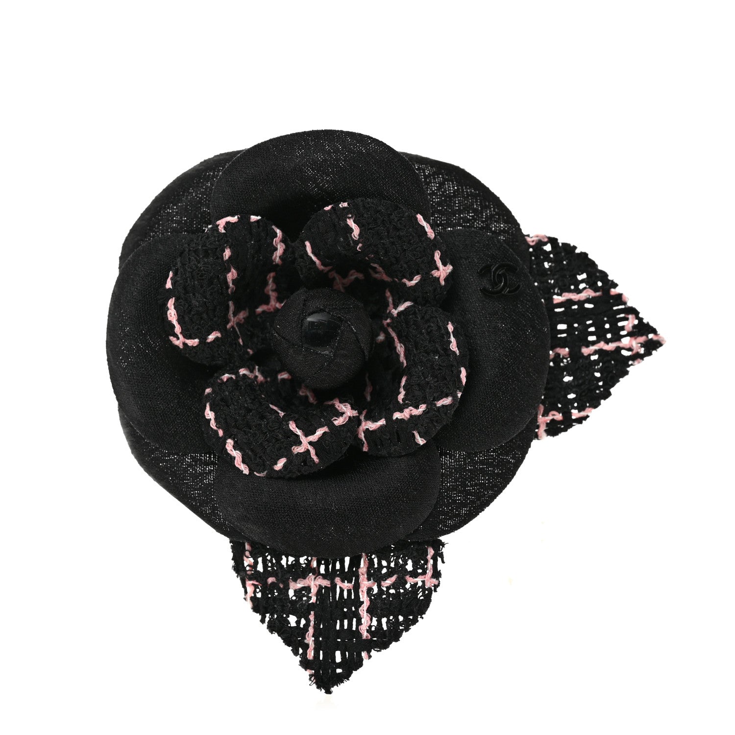 Chanel Tweed Fabric Camellia Pin Brooch Black Pink