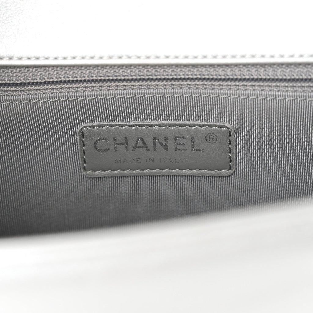 Chanel Metallic Calfskin Quilted New Medium Plexiglass Boy Flap Silver