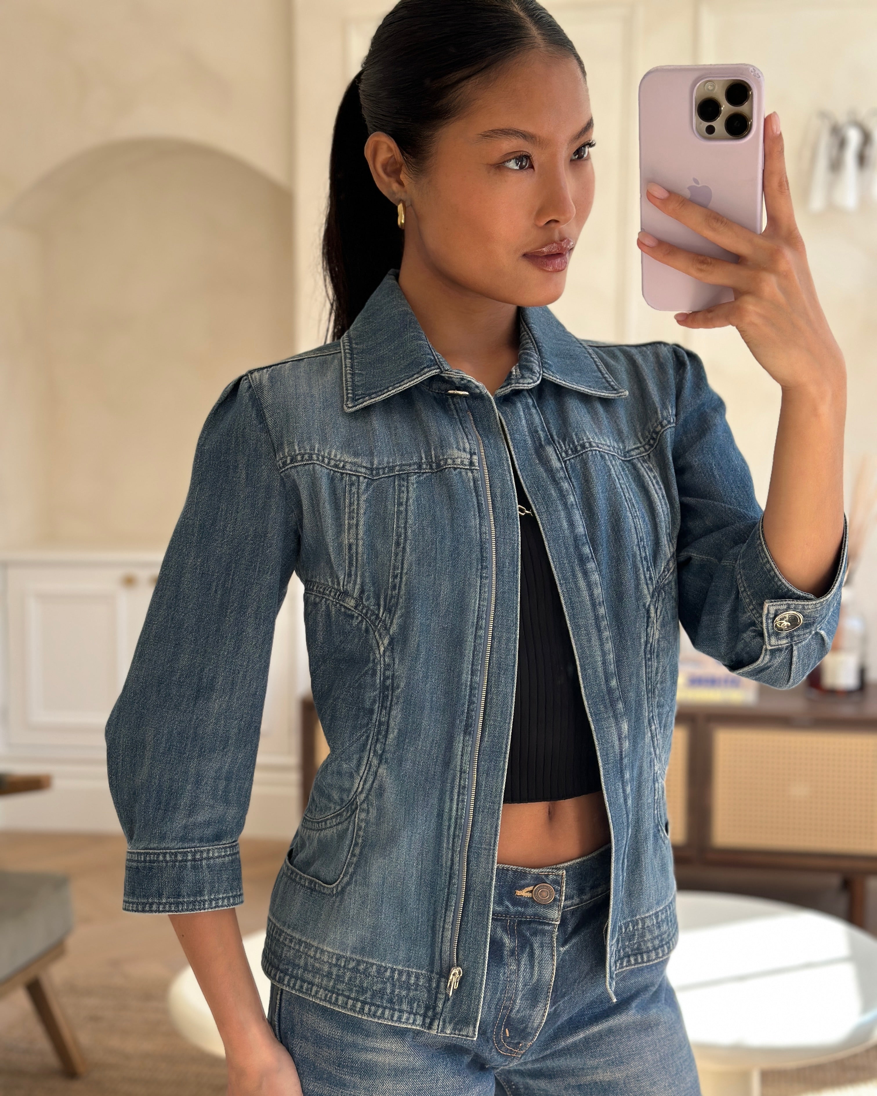Chanel 08/P Blue Denim Long Sleeve Jacket with Quilted Pocket Detail Size FR 36 (UK 8)