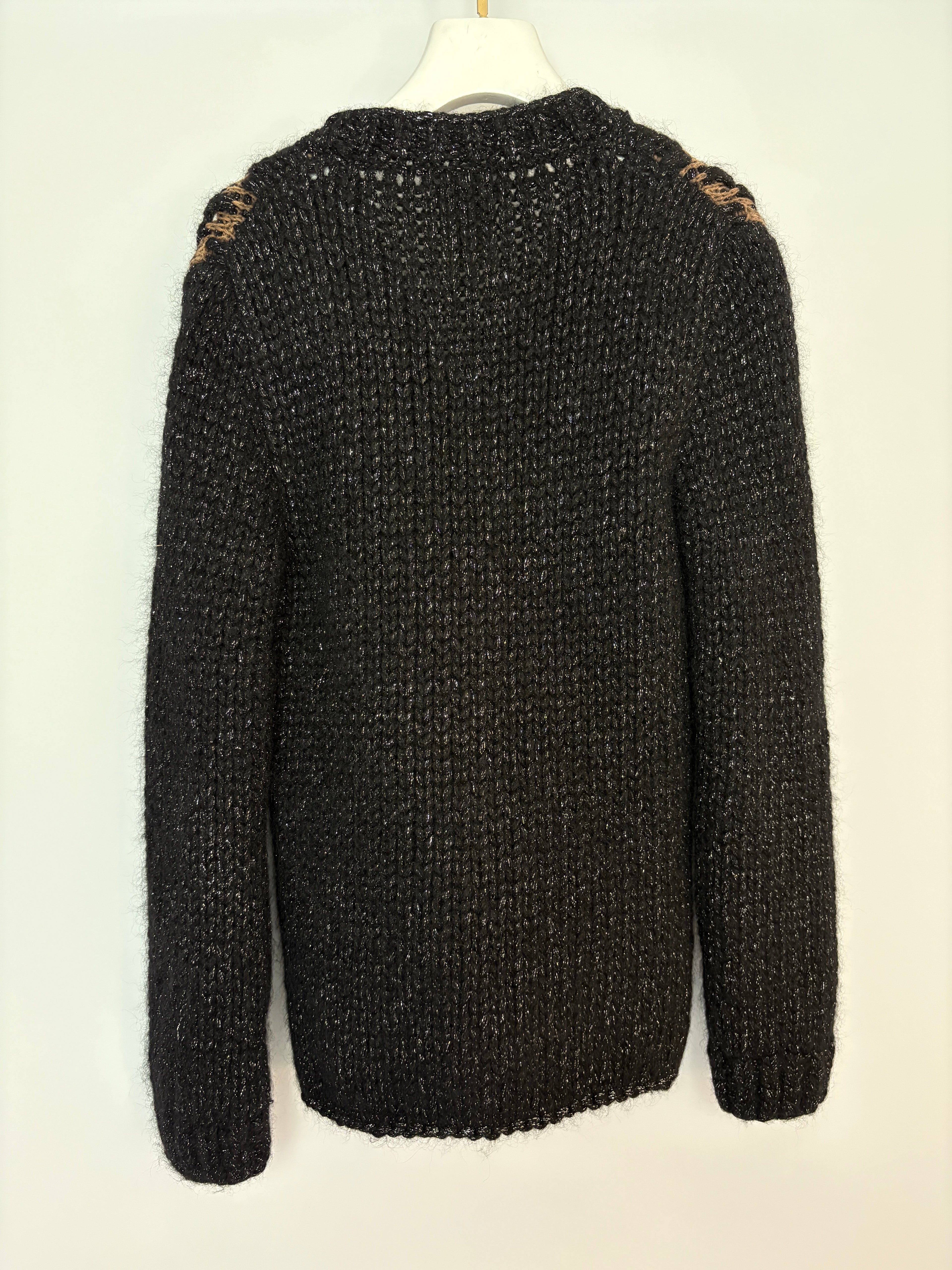 Chanel 15 F/W  Black and Brown Quilted Mohair Cardigan with Silver Threads and Black Chain Button Details Size FR 34 (UK 6)