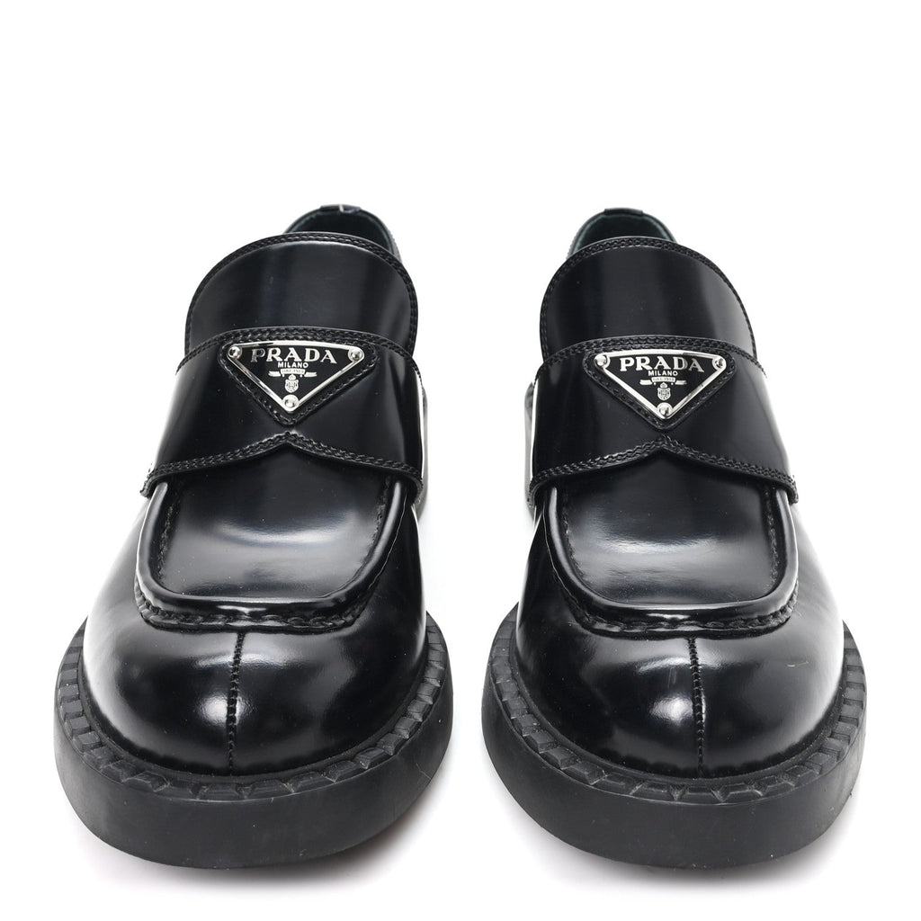 Prada Spazzolato Metal Triangle Logo 50mm Loafers 39 Black