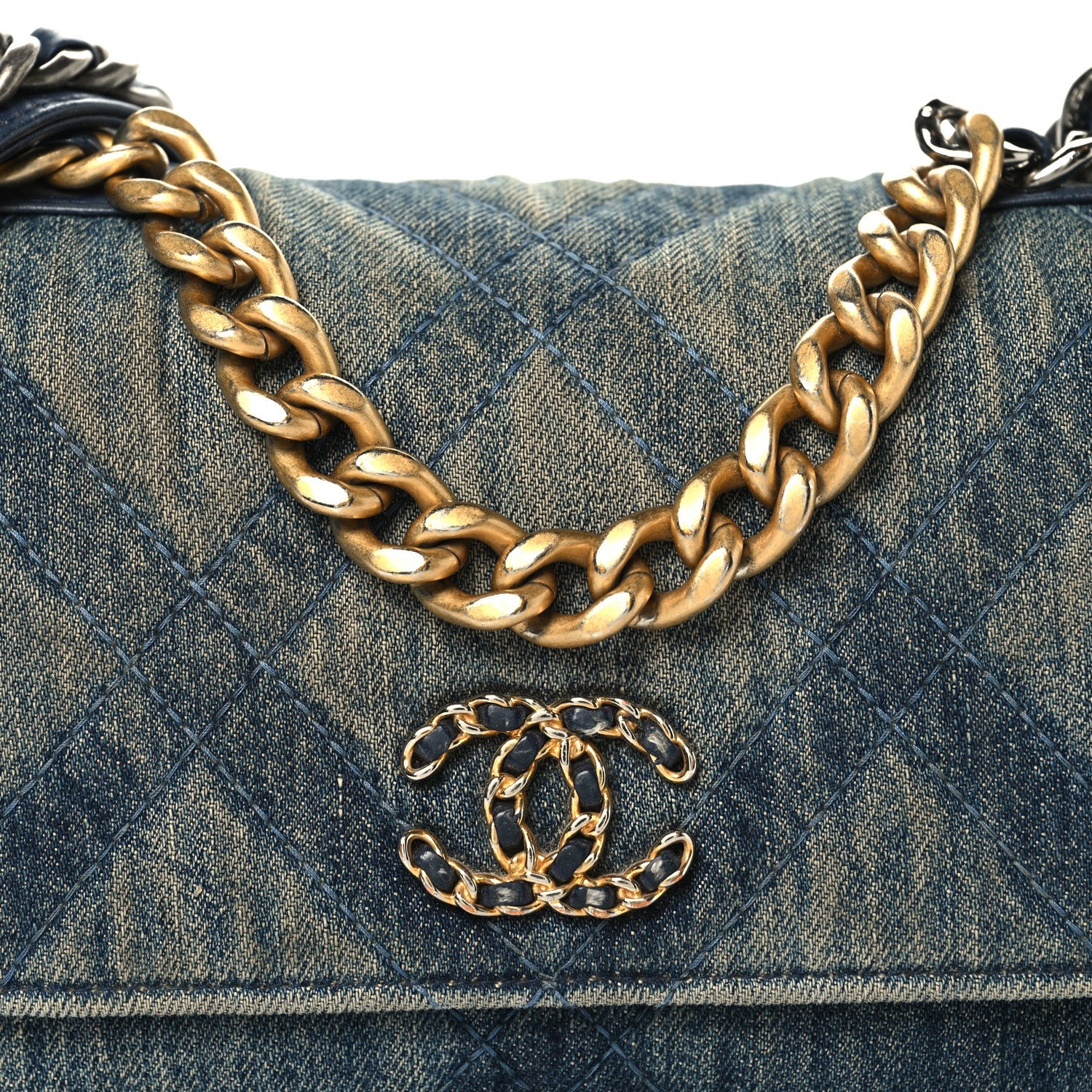 Chanel Denim Quilted Chanel 19 Wallet On Chain WOC Blue