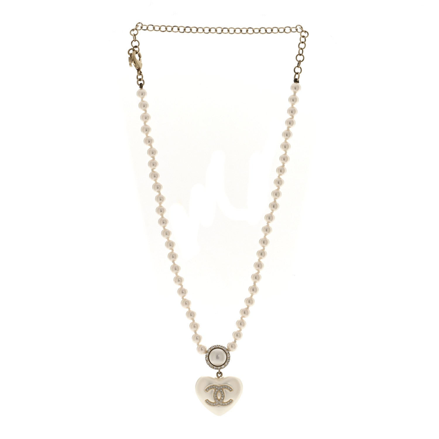 Pearl Crystal CC Heart Short Necklace Pearly White Gold