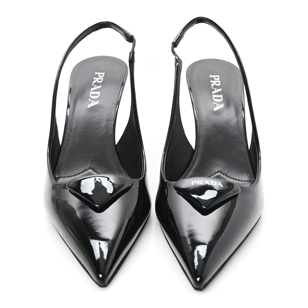 Prada Vernice Logo Pointed Toe Slingback Pumps 40 Black
