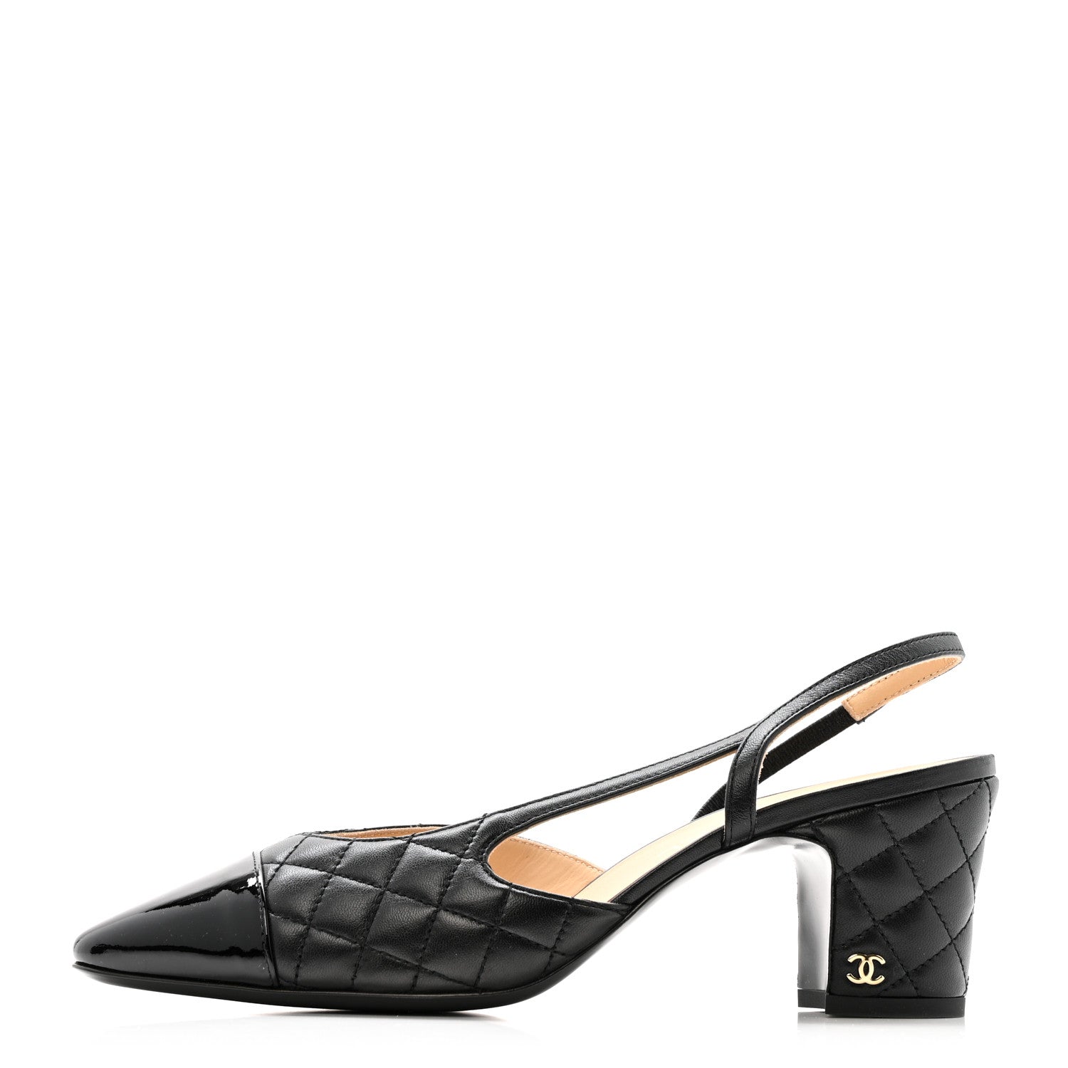 Lambskin Patent Calfskin Quilted Cap Toe CC Slingback Pumps 39.5 Black